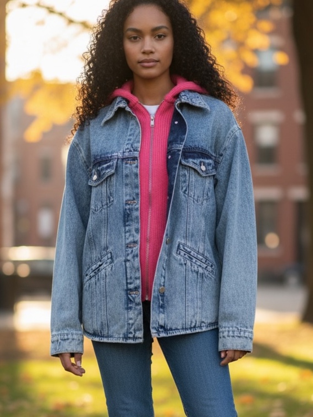 Samantha Sipos Zinna stonewashed denim jean hooded pink knit jacket oversized XS